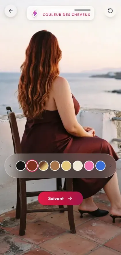 Quatrième étape : la couleur des cheveux choisie en pastilles, ici l’auburn, qui change les cheveux de la photo