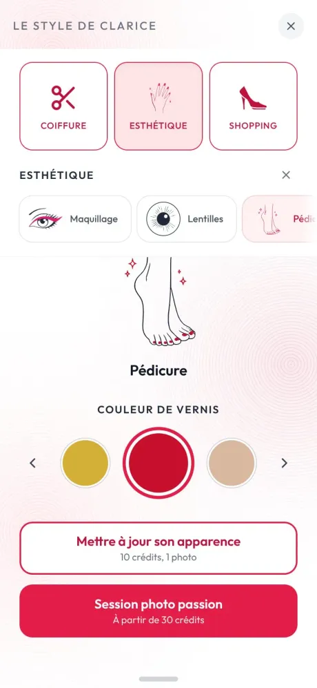 L’écran Pédicure : couleur du vernis, bouton Mettre à jour son apparence et bouton Session photo passion