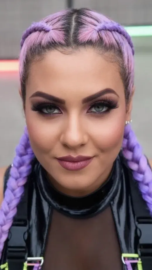 Deux tresses violettes, maquillage marqué