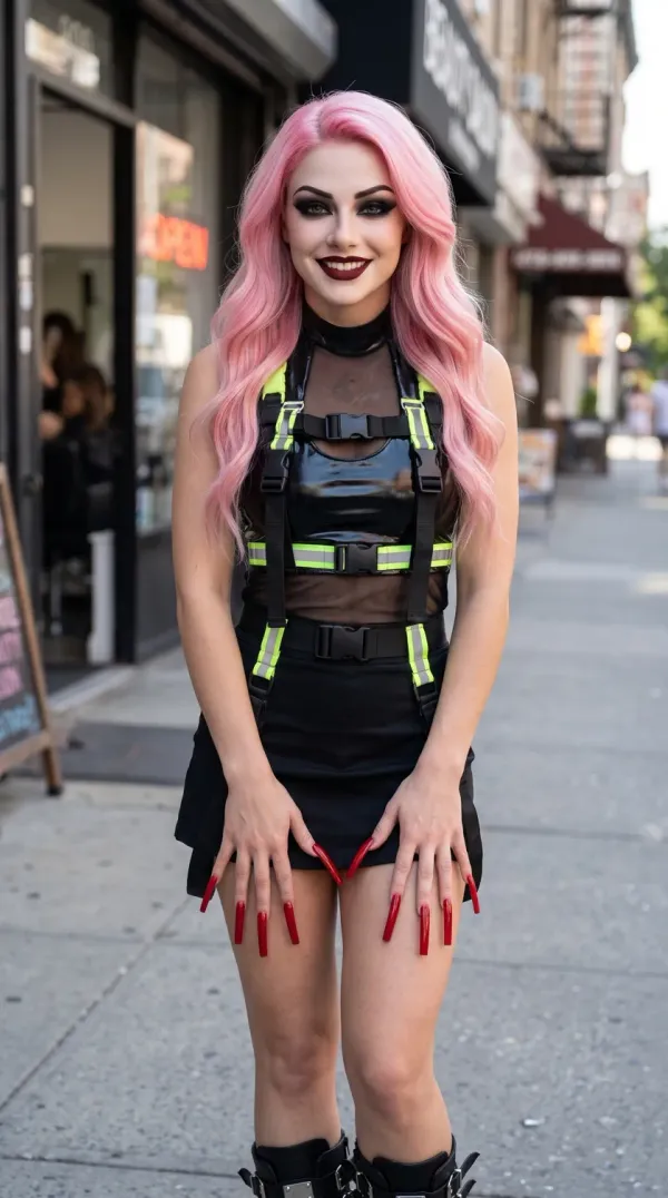 Cheveux roses, debout dans la rue, longs ongles rouges