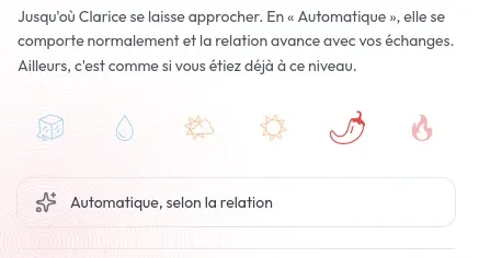 La section Proximité du tiroir : une explication, six icônes de niveau et le choix Automatique, selon la relation