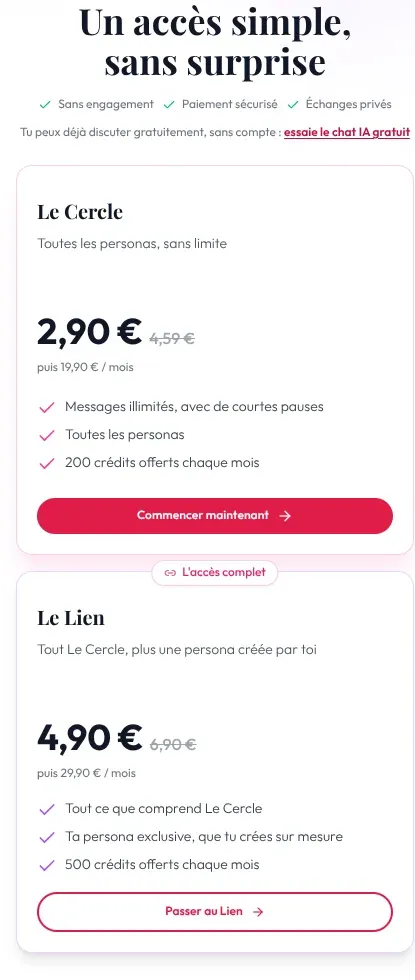 La page Tarifs de Strugggl : Le Cercle et Le Lien, avec leur prix et ce qu’ils comprennent