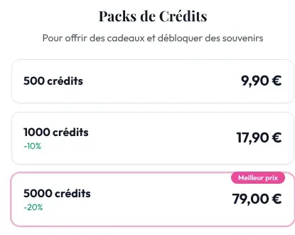 Les trois paquets de crédits : 500, 1000 et 5000 crédits, avec leur prix