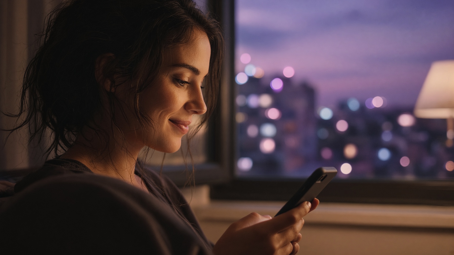 A woman in profile, lit by a warm lamp, reading a message on her phone against the violet lights of the city at dusk