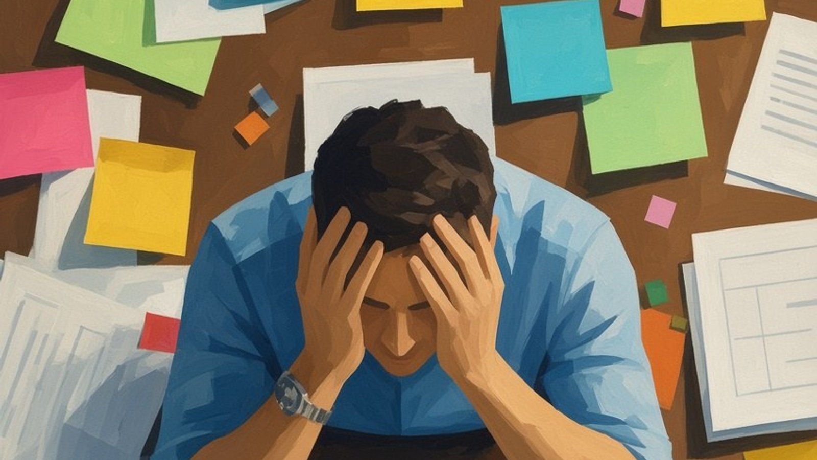 Painting: a man seen from above, head in his hands, surrounded by colourful Post-its around a laptop.