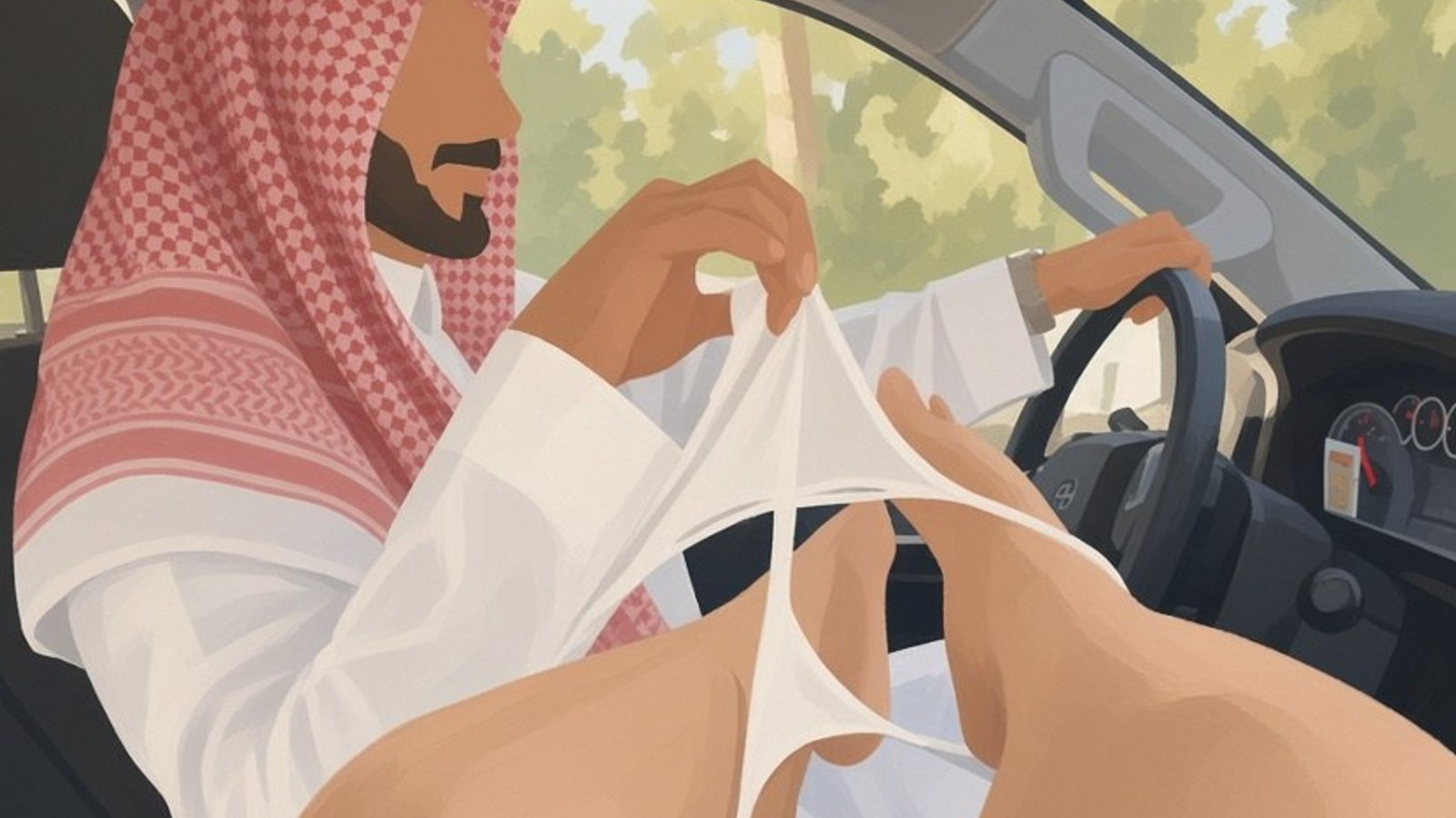 Painting: the inside of a car, a man in a red-and-white ghutra at the wheel, two bare legs in the foreground.