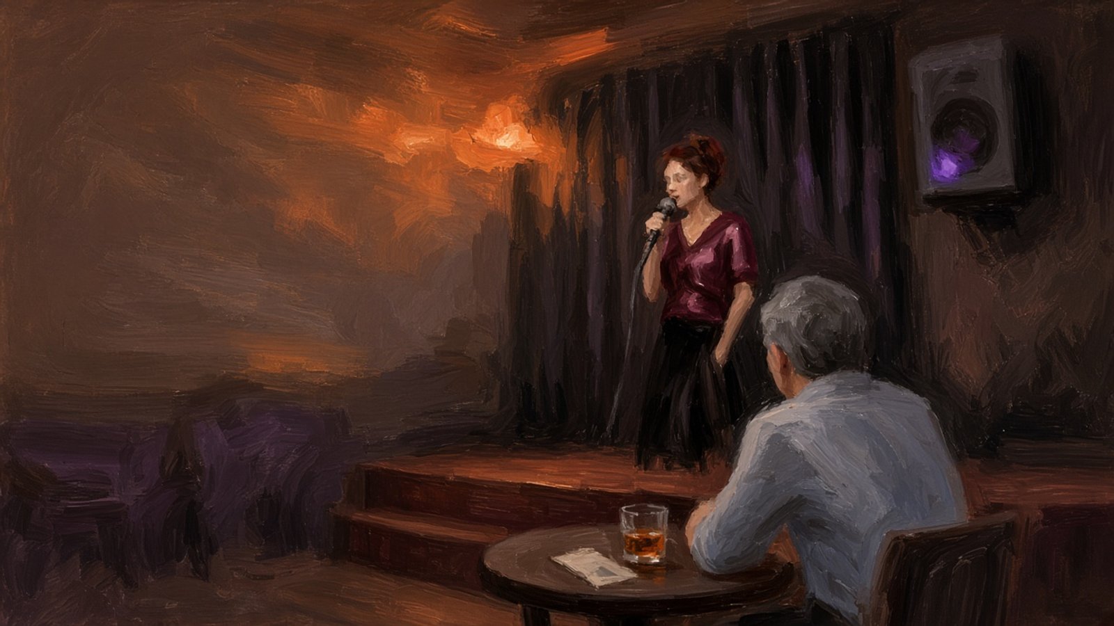 Peinture d'après le Reel décrit en ouverture : une femme au micro sur une petite scène, un homme aux cheveux gris et un verre de whisky au premier plan.