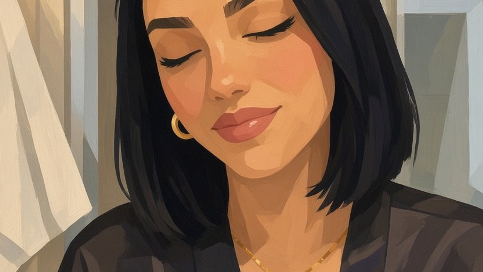 Peinture : une jeune femme aux cheveux noirs, les yeux baissés, dans un peignoir de satin sombre.
