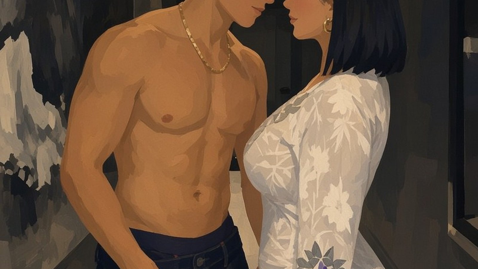 Peinture : un homme torse nu et une jeune femme en robe blanche front contre front dans un couloir sombre.