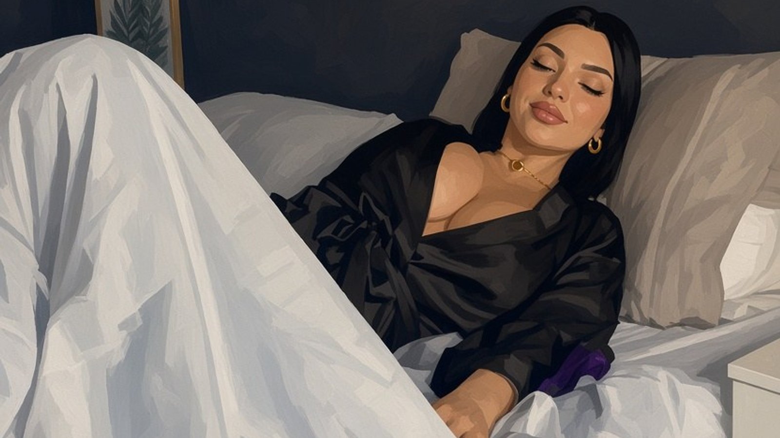 Peinture : une jeune femme en peignoir noir endormie dans un lit aux draps blancs, sur un mur sombre.