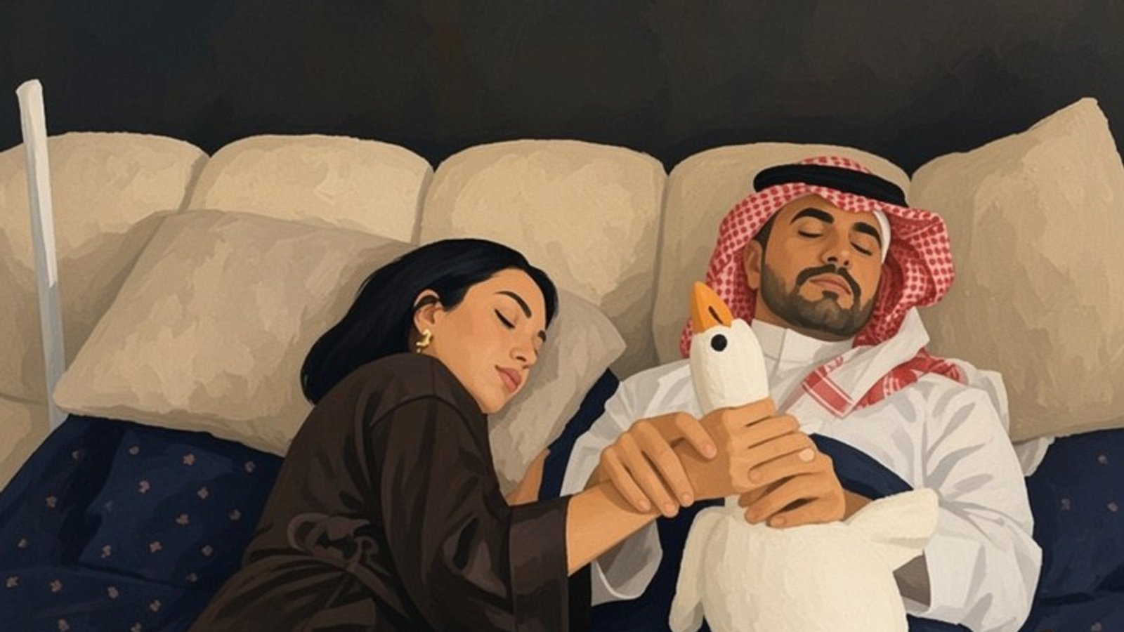 Peinture : un homme en tenue du Golfe et une jeune femme couchés côte à côte sous une couette, il serre une peluche blanche.